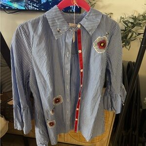 Rafaella Blue Striped Shirt embroidered flowers and bee